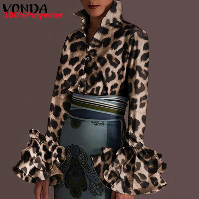 Women's Sexy Turn-down Collar Flare Sleeve Blouse..