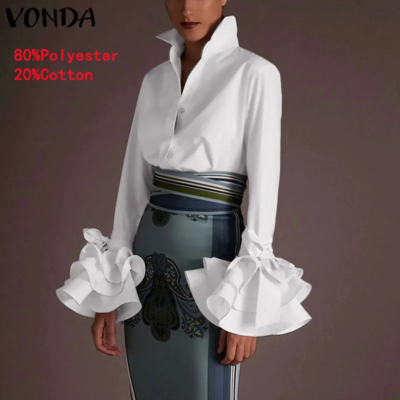 Women's Sexy Turn-down Collar Flare Sleeve Blouse..