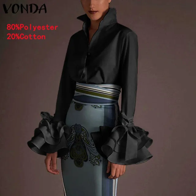 Women's Sexy Turn-down Collar Flare Sleeve Blouse..
