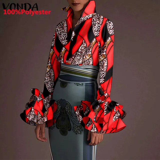 Women's Sexy Turn-down Collar Flare Sleeve Blouse..