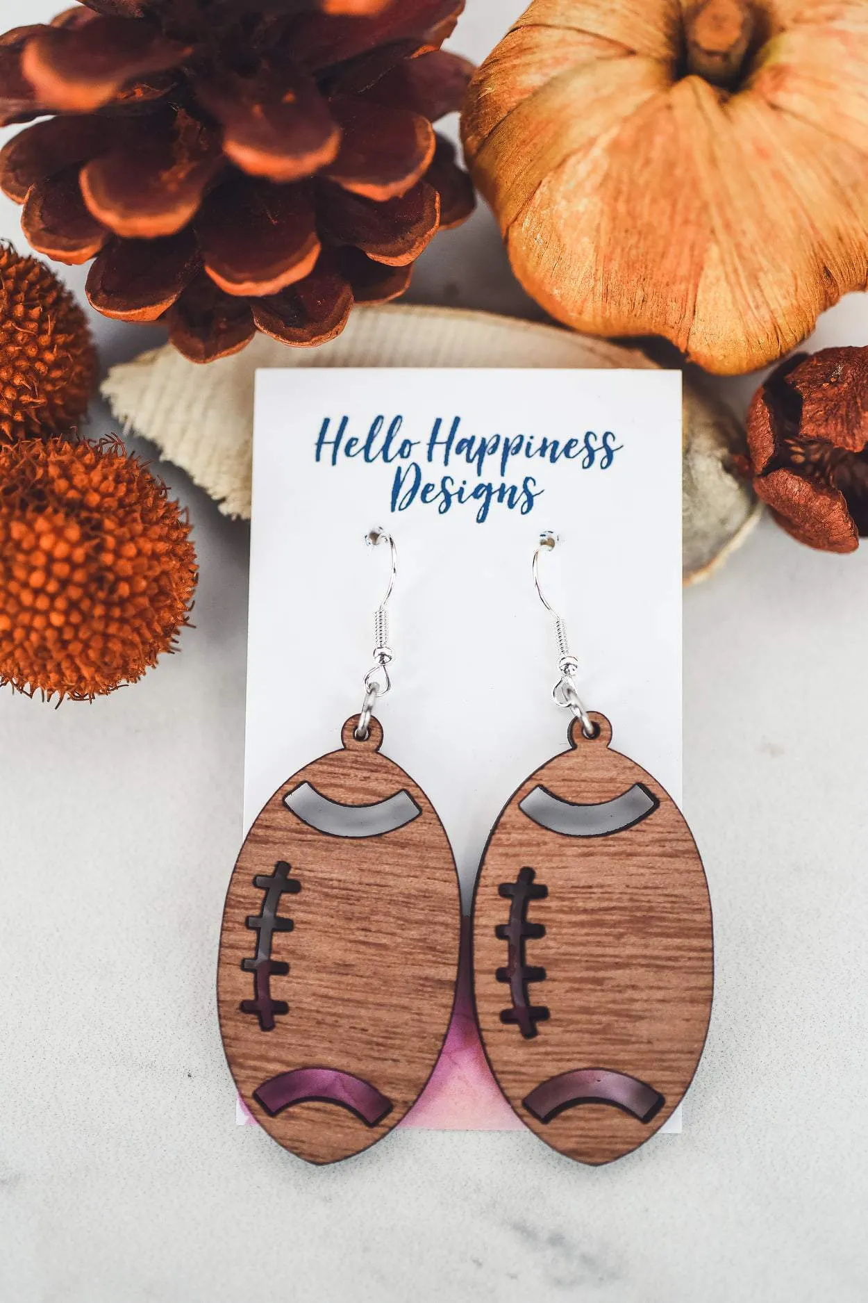 Wood Football Dangle Earrings