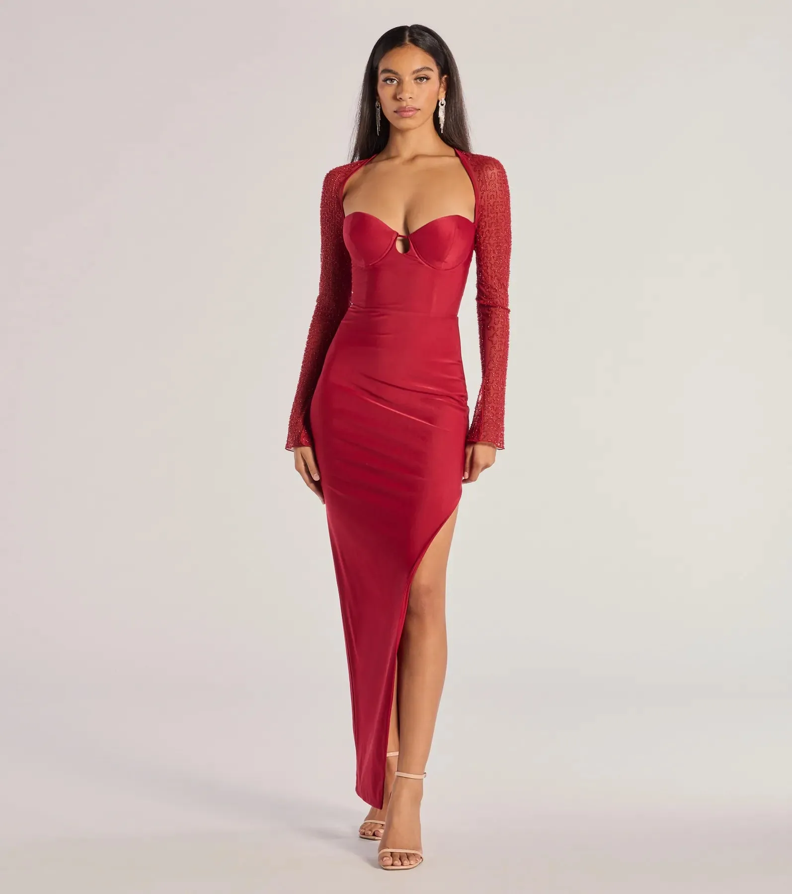 Wren Long Sleeve Beaded High Slit Long Dress