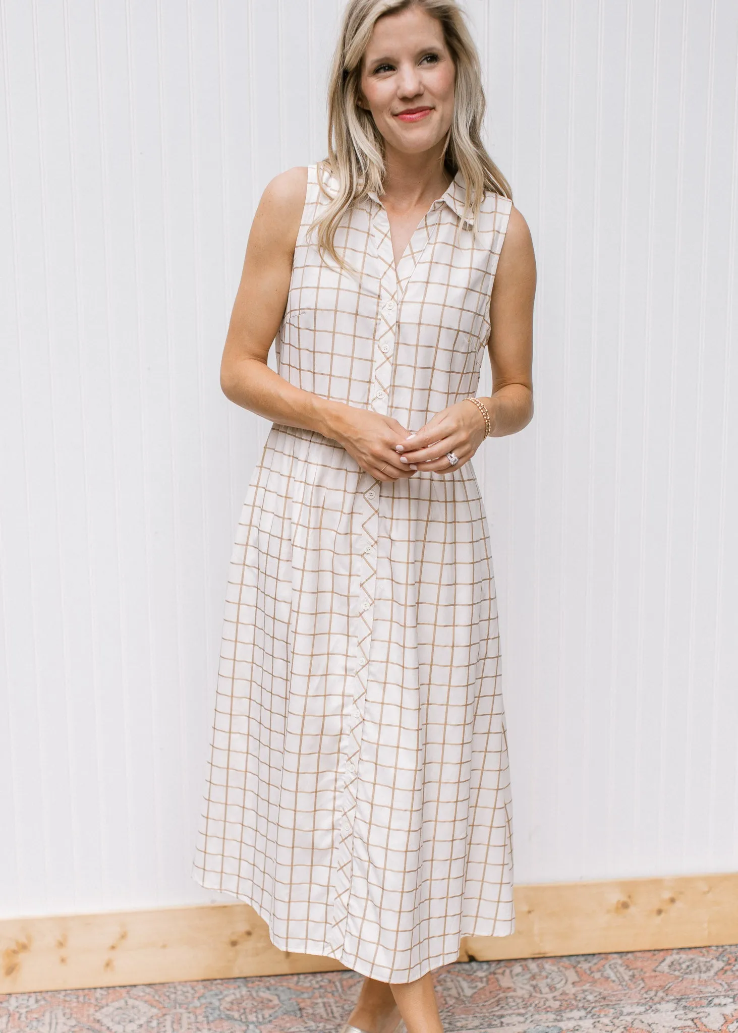 XZ Tan Window Pane Plaid Dress