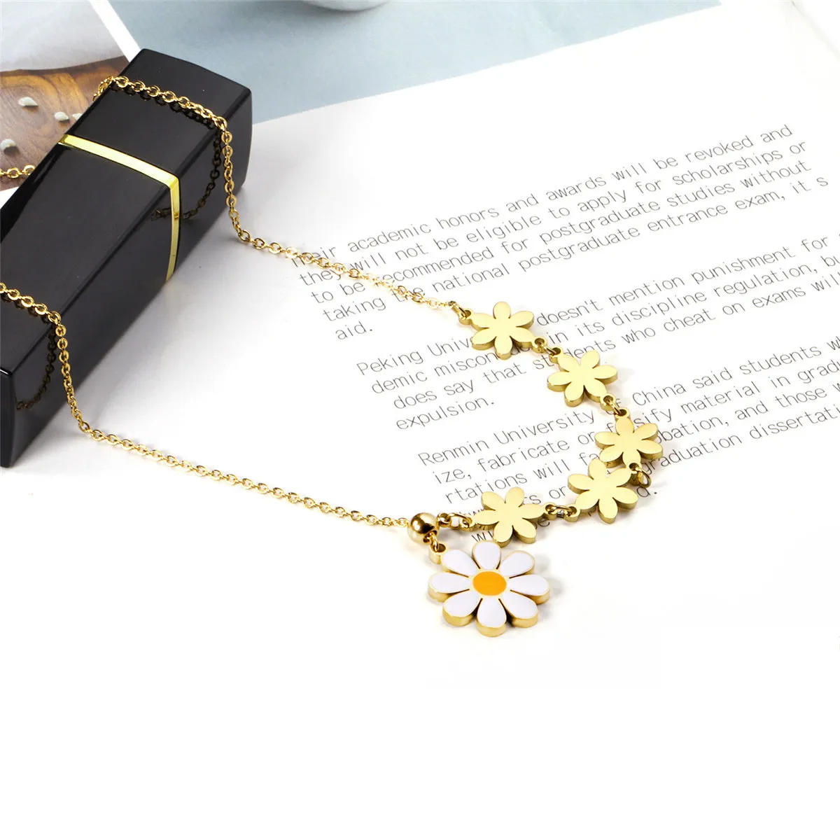 Yellow Enamel & 18K Gold-Plated Linked Flower Pendant Necklace