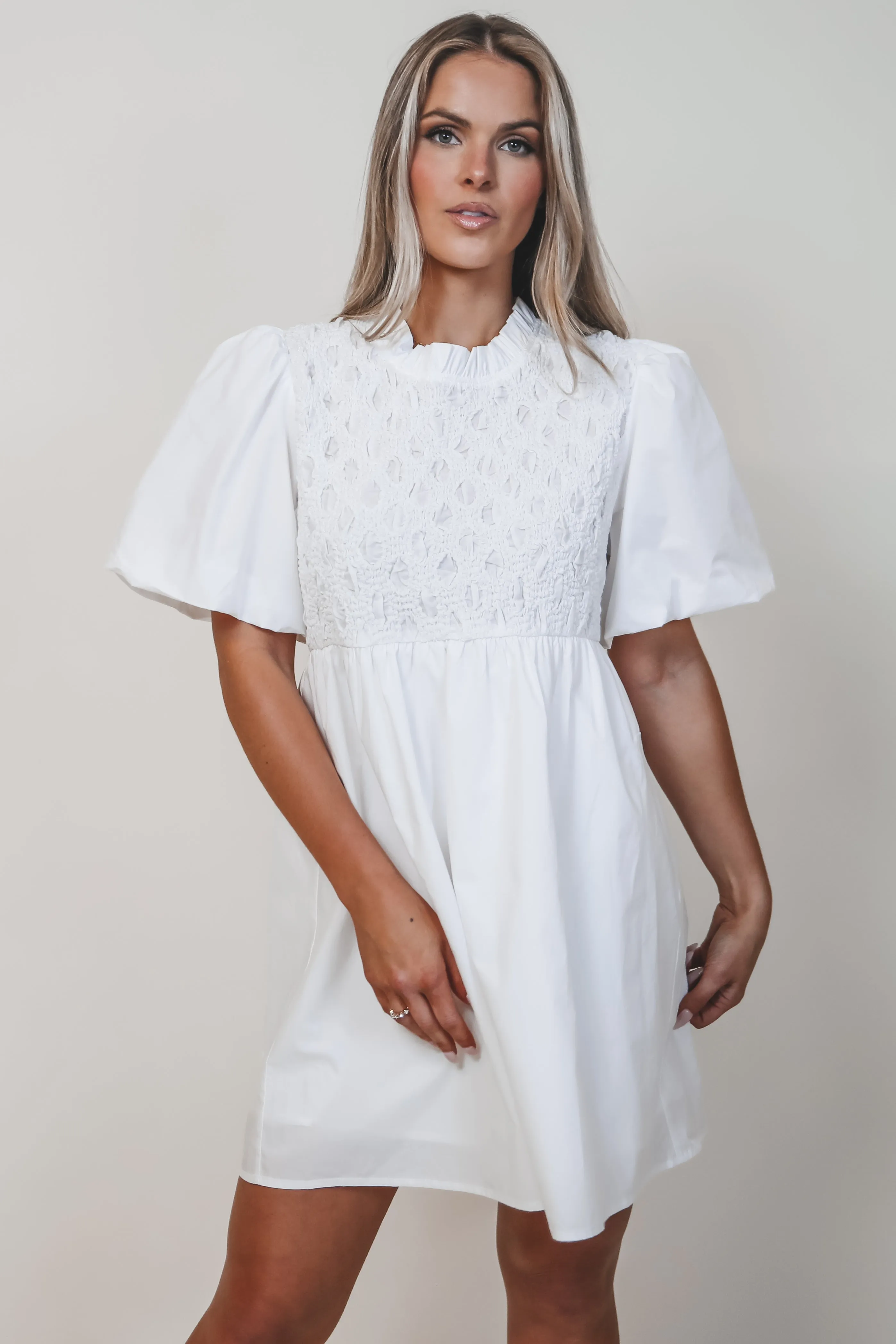 Yes Please White Smocked Mini Dress