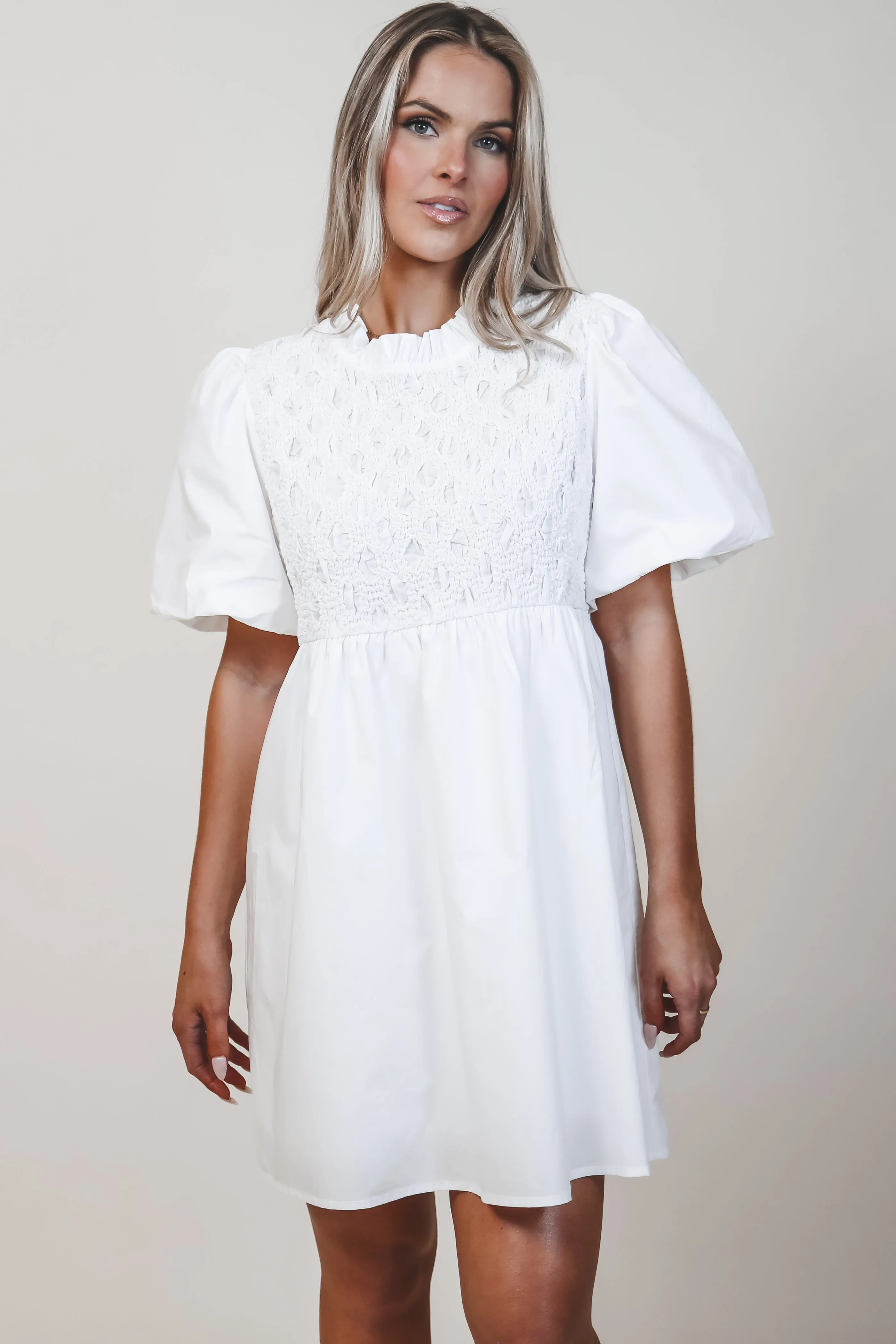 Yes Please White Smocked Mini Dress