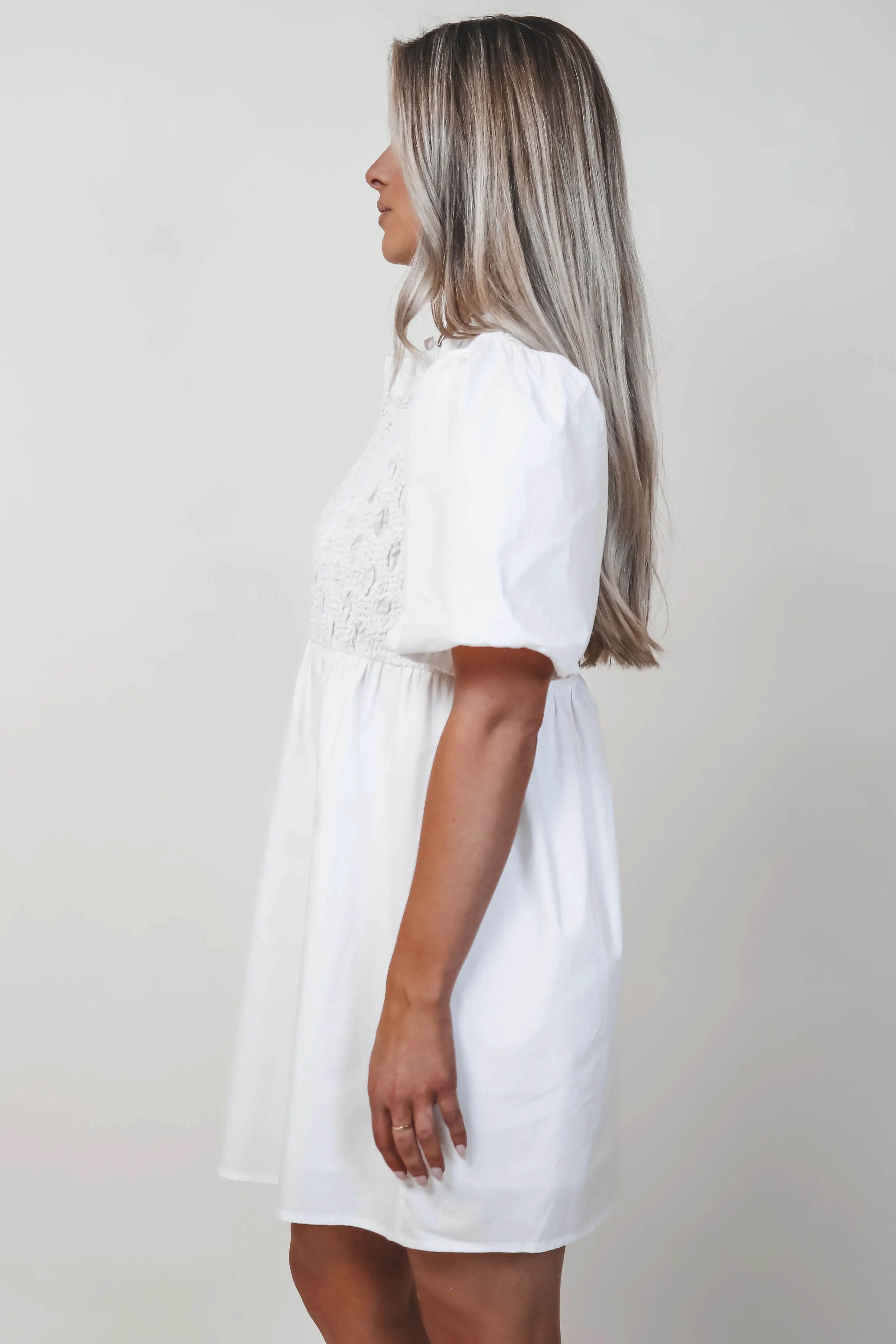 Yes Please White Smocked Mini Dress